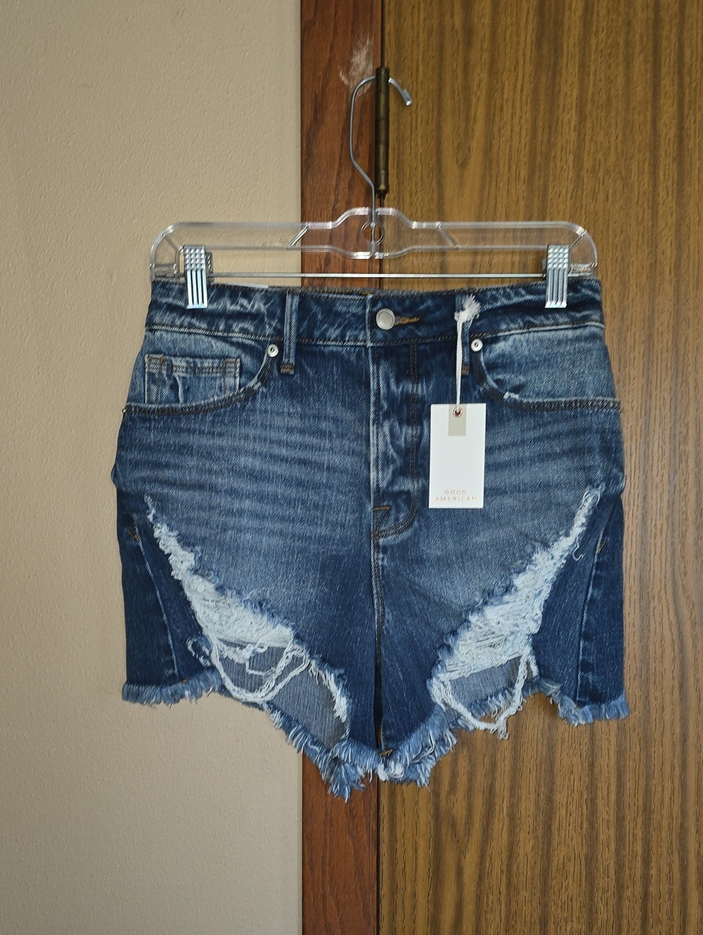 Good American Dark Blue Distressed Denim Shorts